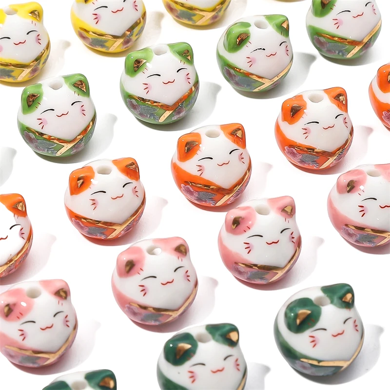 1pcs 15x14mm Handmade Ceramic Loose Beads Cute Lucky Cats Bead Charms for Bracelet Keychain DIY Jewelry Craft Making Accessories