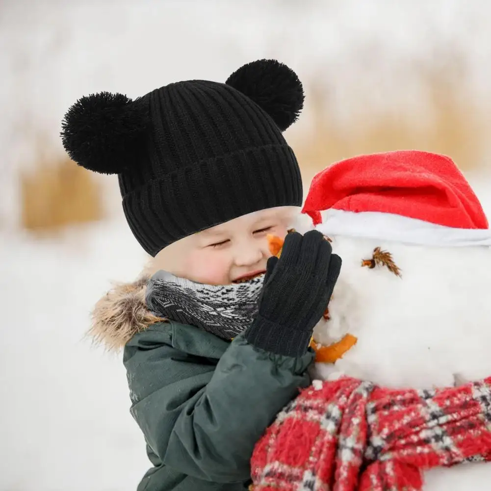 Children Weather Cap Cozy Kids Winter Accessories Set Plush Knitted Hat Scarf Gloves with Anti-slip Fur Ball Decor for Boys