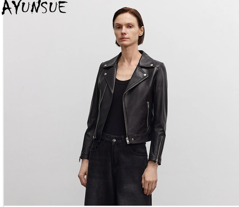 AYUNSUE 天然シープスキン本革ジャケット女性バイクコートレディースジャケット春秋服スリム Косуха Женская