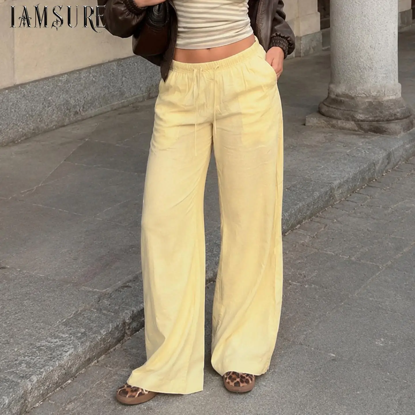Pantalon large à taille élastique et cordon de serrage pour femmes, jaune clair, décontracté, droit, avec poches, style streetwear Y2K, nouveauté pour femmes
