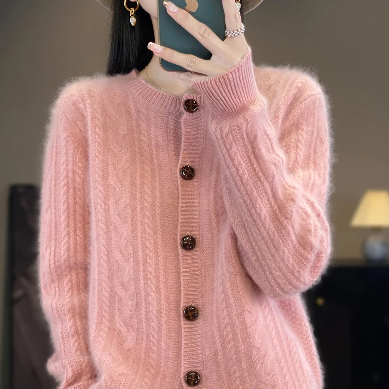 

Basic 100% Merino Wool Knit Fashion Cardigan Cusual Solid Color Soft Cashmere Long Sleeves Slimming Temperament Clothing Top