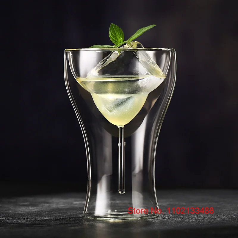 265ml Clear Double Wall Margaret Cup Cocktail Goblet Bar Glassware Wine Tumbler Martini Glass Stemware Bilayer Series Coffee Mug