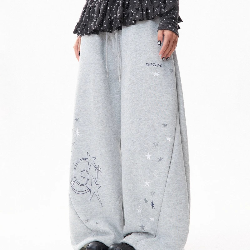 American Star Print Fleece-Lined Women's Casual Pants Winter New Design Loose Slimming Versatile Wide-Leg Long Trousers Ladies