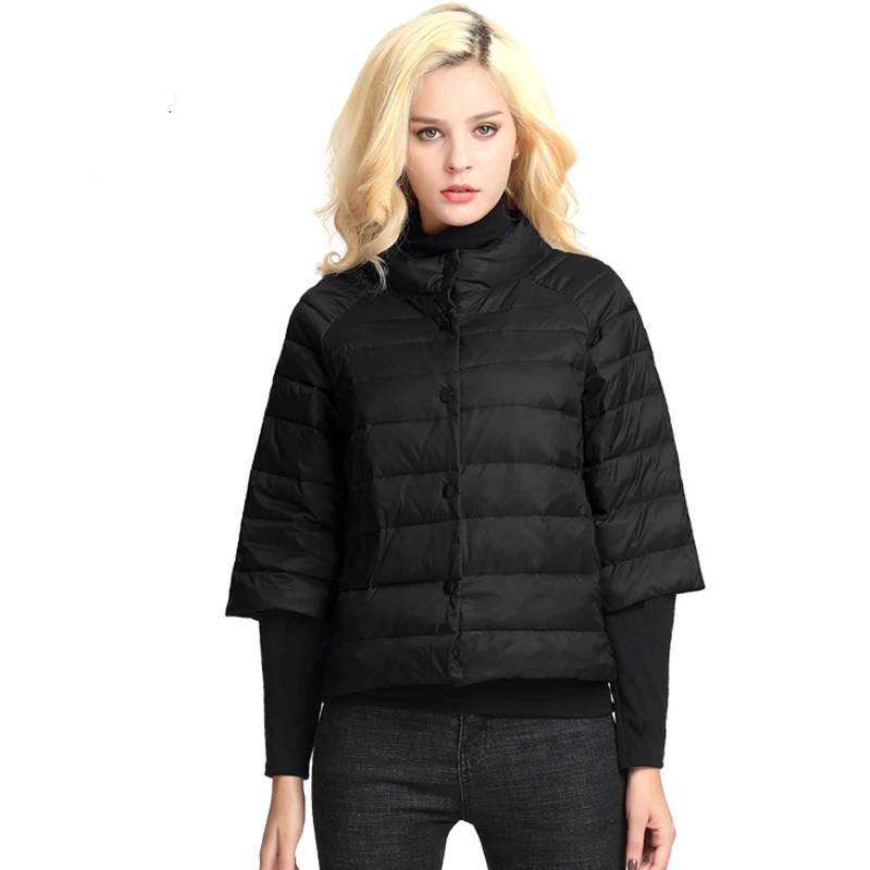 Women\'s puffer jacket Light and short style Autumn Thin Down jacket three Quarter Sleeves Stand Collar Fashionable Coat