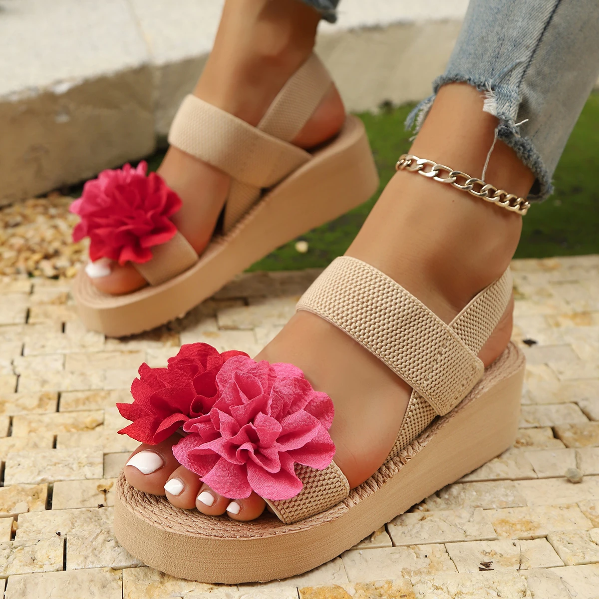 Bohemia Mixed Color Flowers Chunky Platform Slippers Women Summer Beach Wedge Espadrille Sandals Woman Elastic Strap Sandals
