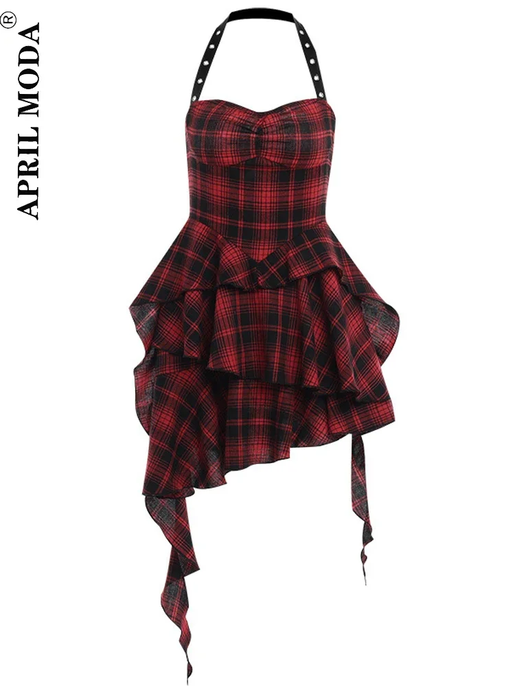 2023 Fashion Plaid Print Y2K Irregular Halter Party Dress Hot Girl Backless One-piece Summer A-line Goth Harajuku Bandage Dress