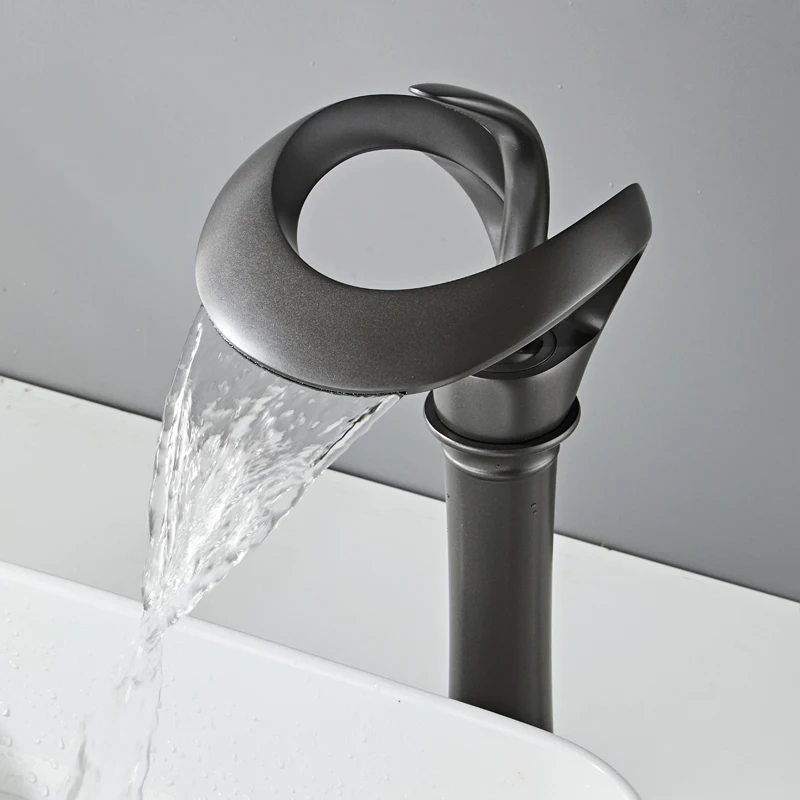 Gray Bathroom Basin Taps Single Handle Waterfall Faucet Solid Brass Basin Mixer Taps Creative Hollowed Out Design Water Tap