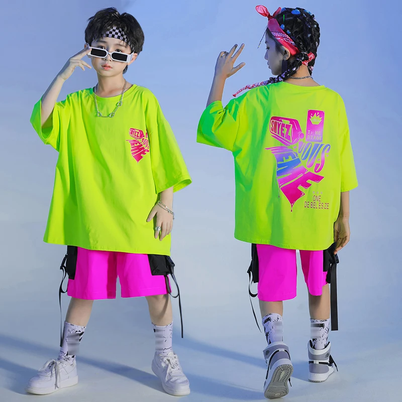 Street Dancewear Girls Jazz Practice Performance Costume Kid Hip Hop Dance Clothes Boys Green T-Shirt Loose Summer Jogger