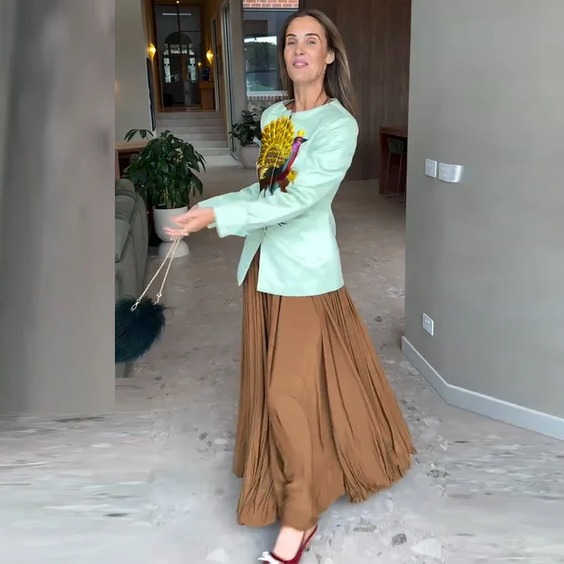 Mäntel mit Pfauenstickerei und Taillenbund für Damen, elegante, langärmlige, getäfelte, schmale Jacken mit Rundhalsausschnitt, schicke Damen-Oberbekleidung für den Arbeitsweg – Detail 12