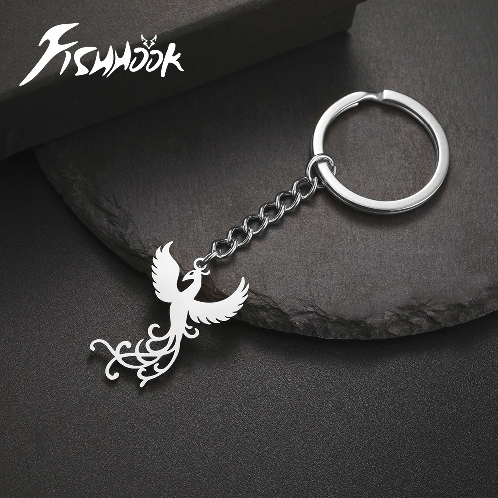 Fishhook Phoenix Keychain for Woman Men Key Chain Ring Reborn God Bird Supernatural Amulet Stainless Steel Pendant Jewelry Gift