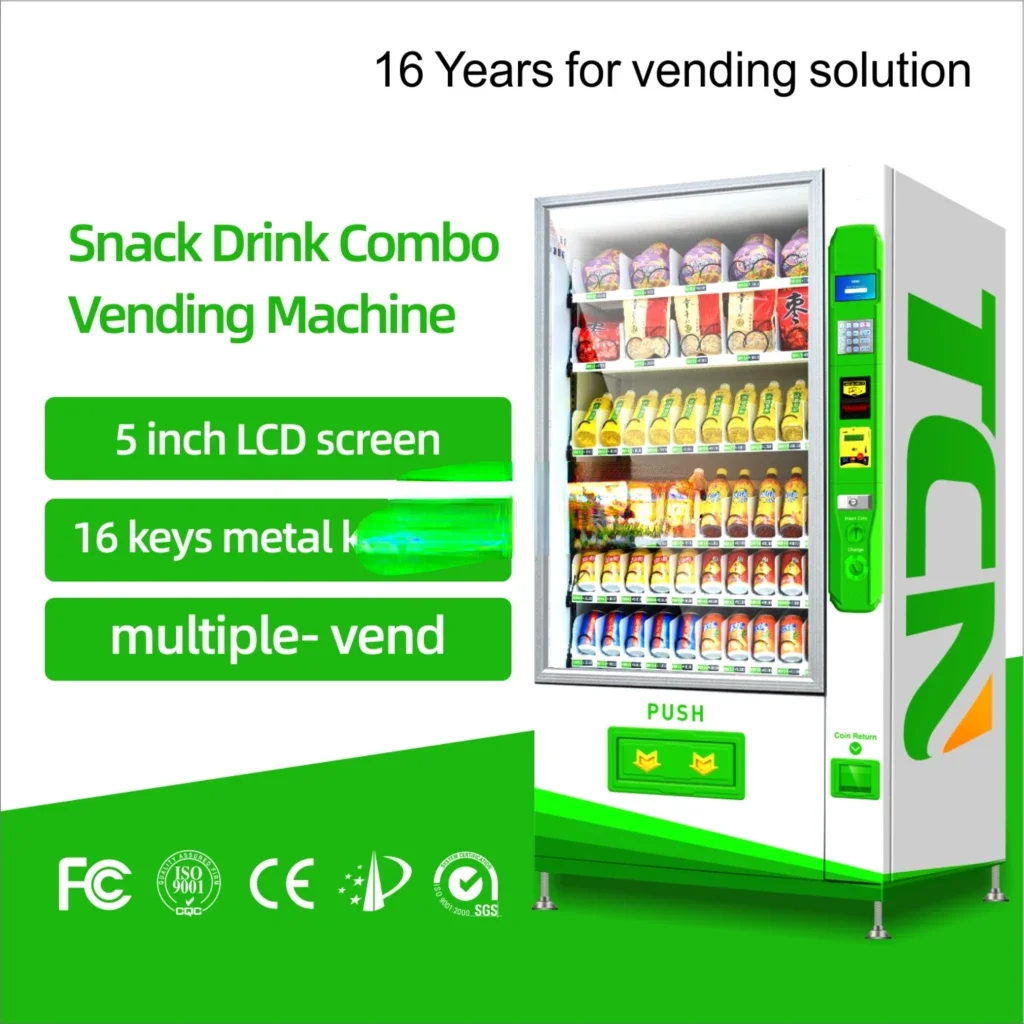 24-hour self-service vending machine for bagged food and bottled beverages