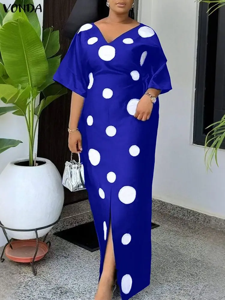 Vestido largo bohemio de talla grande 5XL para mujer, vestido veraniego con estampado de puntos, moda 2025 VONDA, bata de media manga, Vestidos de fiesta holgados informales