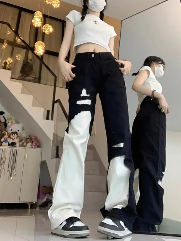 

New Trend Street Black White Denim Pants Women Y2k E-Girl High Waist Irregular Trousers Summer Loose Straight Wide Leg Jeans