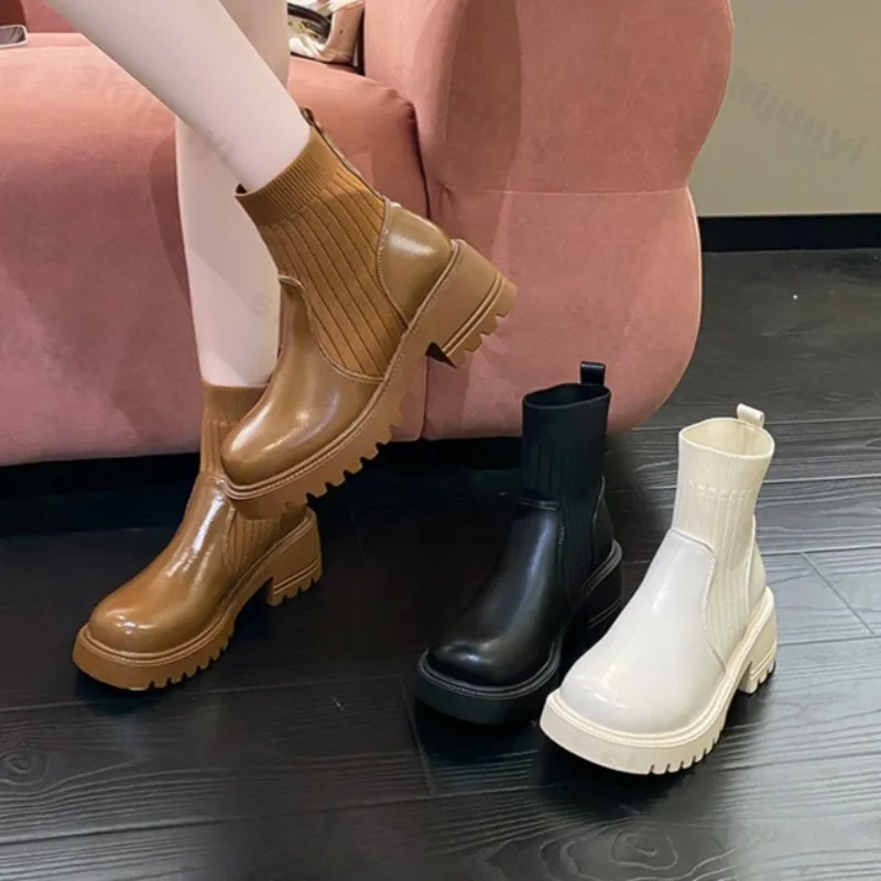 

Женские винтажные однотонные носки с высоким берцем на толстой подошве, осенние модные универсальные удобные нескользящие короткие ботинки 2023 года