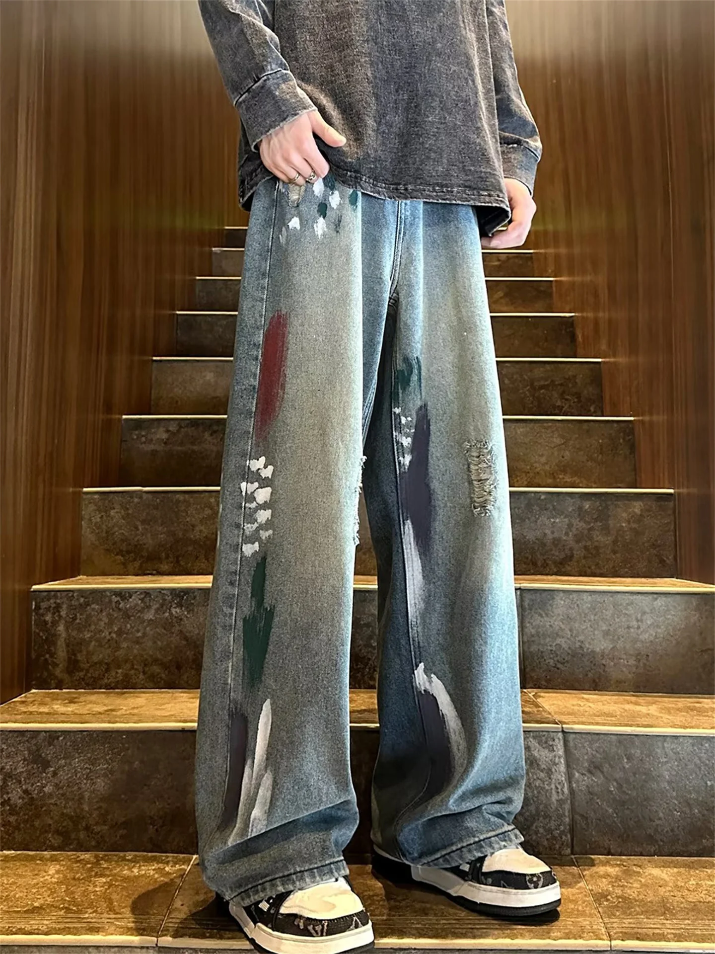 

Waed Straight Leg Men's Jeans fiti Splatter Denim Casual Loose Fit American Sle Summer Trendy Youth Jeans