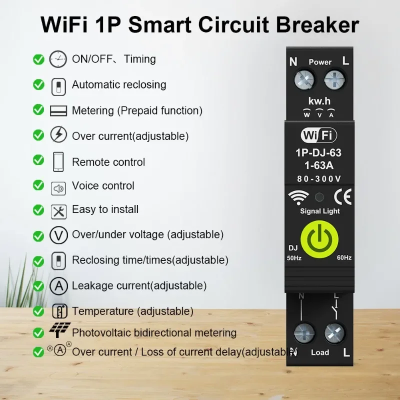 Tuya WIFI Circuit Breaker Overcurrent Loss Current Delay Protection Voltage Meter Reclosable Power Switch Timer Relay Smartlife