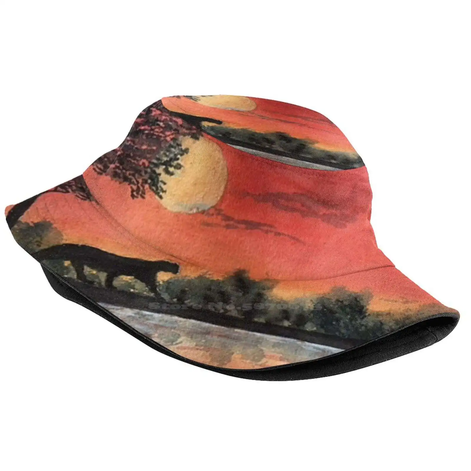 Watercolor A Cat's Dream Unisex Fashion Women Men Breathable Bucket Hats Big Cat Sunset Watercolors Hand Painted Panther Nature