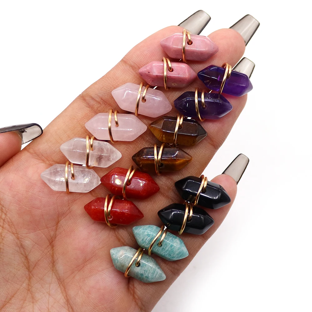 

Natural Stone Earrings Wrapped with Metal Wire Hexagonal Prism Crystal Agate Ear Studs Charms Jewelry Suitable Various Occasions