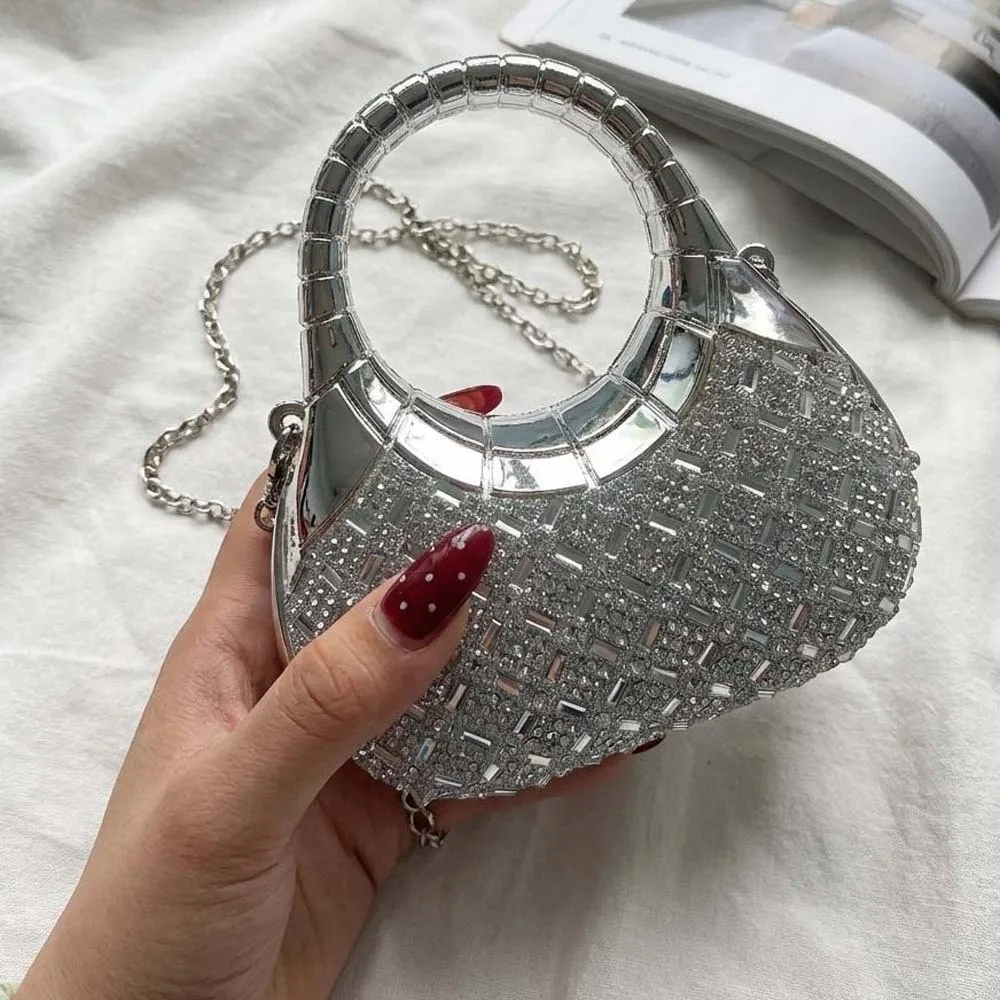Crystal Embellished Crescent Evening Clutch Geometric Pattern High-shine Finish Rhinestone Box Purse Magnetic Buckle