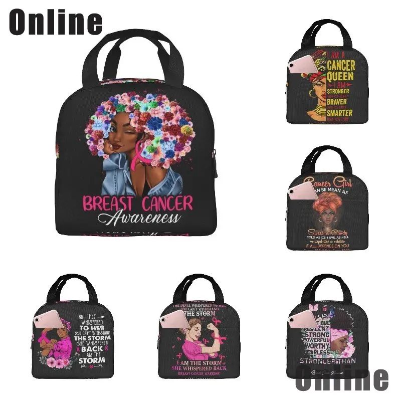 Breast Cancer Awareness Lunch Bags for Women Reusable Pink Ribbon Lunch Tote Bag Thermal Cooler Bag African Pretty Woman/Girls