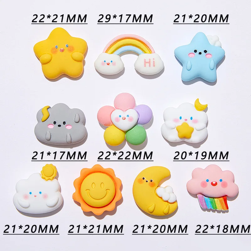 10 Stück Cartoon Wetter Sonne Mond Stern Wolken Regenbogen Flatback Harz Cabochons Handwerk Verzierungen DIY Haarschleifen Dekoration – Detail 5