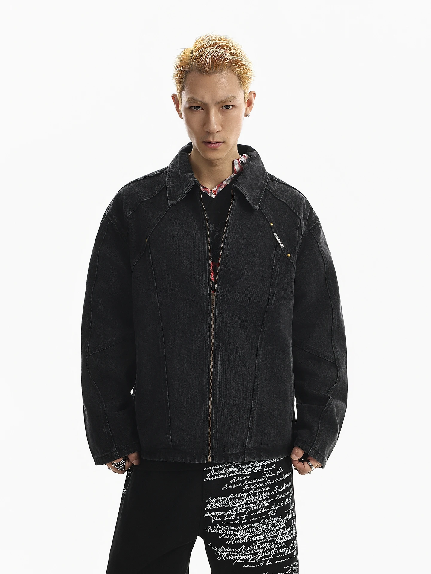 American Retro Deconstructed Denim Jacket Men's Spring Loose Fit Washed Stand Collar Zipper Design Casual Outerwear
