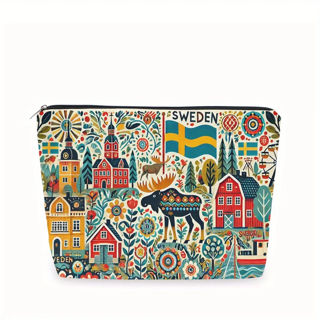 スウェーデンをテーマにした化粧ポーチ - 女性用多機能ジッパーポーチ、ジュエリー収納バッグ、旅行に最適なジッパー付き小型収納バッグ。