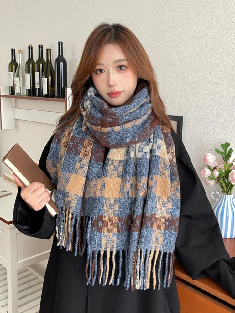 

Женский зимний вязаный шарф-платок, повседневный ретро-шарф в клетку с бахромой, теплый шарф для женщин и мужчин, унисекс, корейский стиль