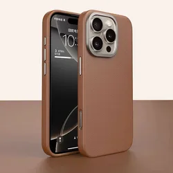 Premium Brown Leather Phone Case For iPhone 16 14 15 Pro Max Coque Aluminum Alloy Independent Buttons Camera Protection Cover