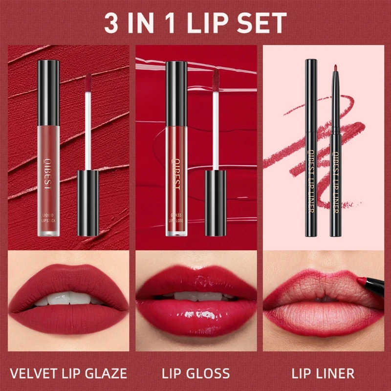 3-In-1 Lipliner Set Inclusief Lip Liner Lippenstift & Lip Glazuur Langdurige Non-Stick Cup Lippenstift Make-Up Kit Voor Meisjes