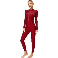 Womens Figure Skating Jumpsuit Ballet Dance Gymnastic Acrobatics Performance Costume Long Sleeve Rhinestones Sheer Mesh Bodysuit