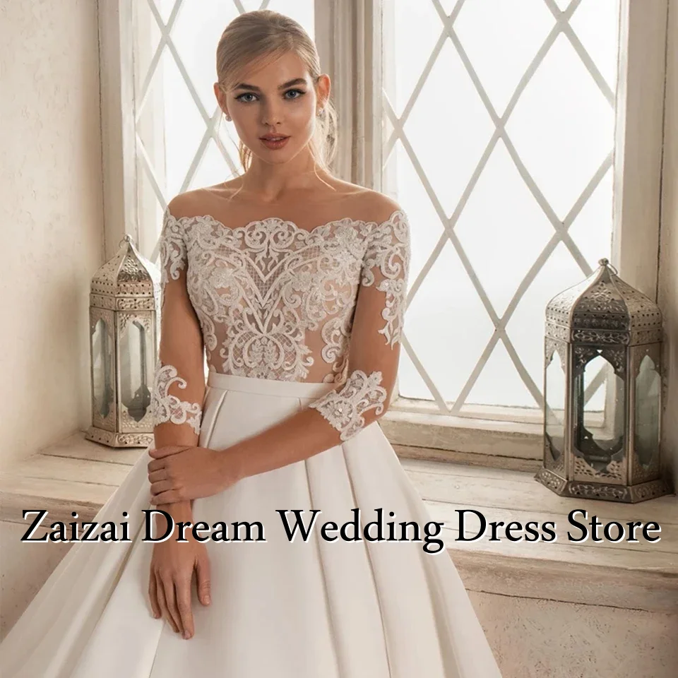 فساتين زفاف فاخرة مخصصة على شكل حرف a من الساتان قبالة الكتف زي العرائس حفلة التطهير طول Vestidos De Novia