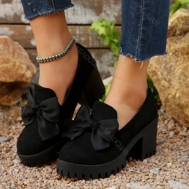 Black Suede Women's Loafers, Round Toe With Bow, Slip-on, Thick High Heel_voghion.com