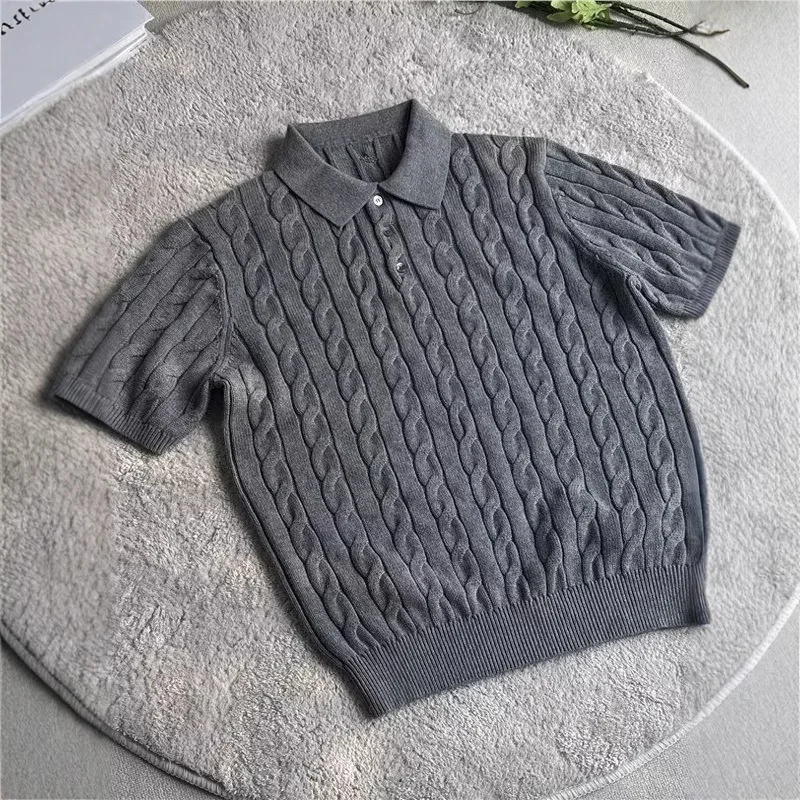 

Fried Dough Twists Rope Knitted Polo Shirt Short Sleeve Versatile Style New Fashion Simple Top