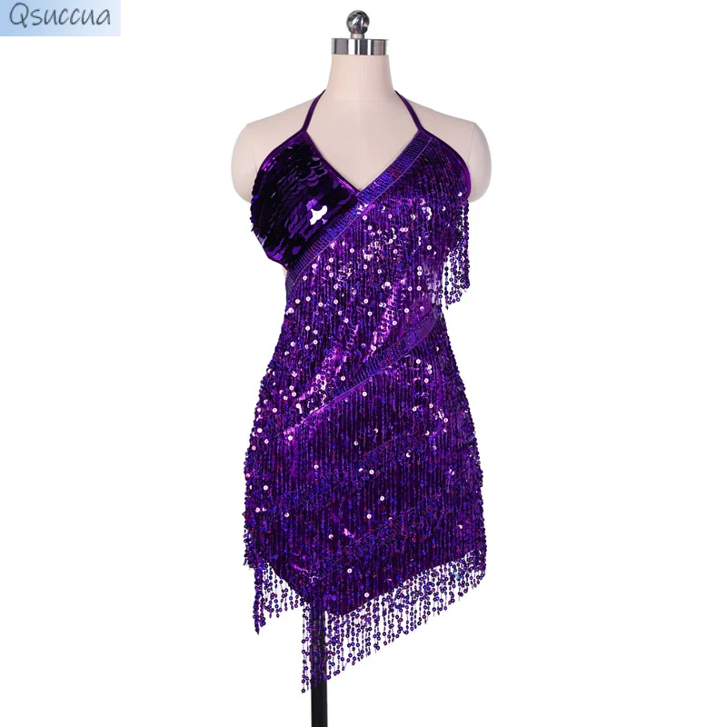 Latin Dance Suspenders Sequined Tassel Skirt V-neck Dress Dance Party Dance Skirt Dance Performance Costume Competition Costume