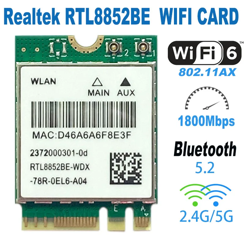 RTL8852BE Dual Band 2.4G/5G WIFI6 802.11ax WIFI Card 1800M BT5.2 Module Network NGFF M.2 For laptop/PC Support Win10/Win11