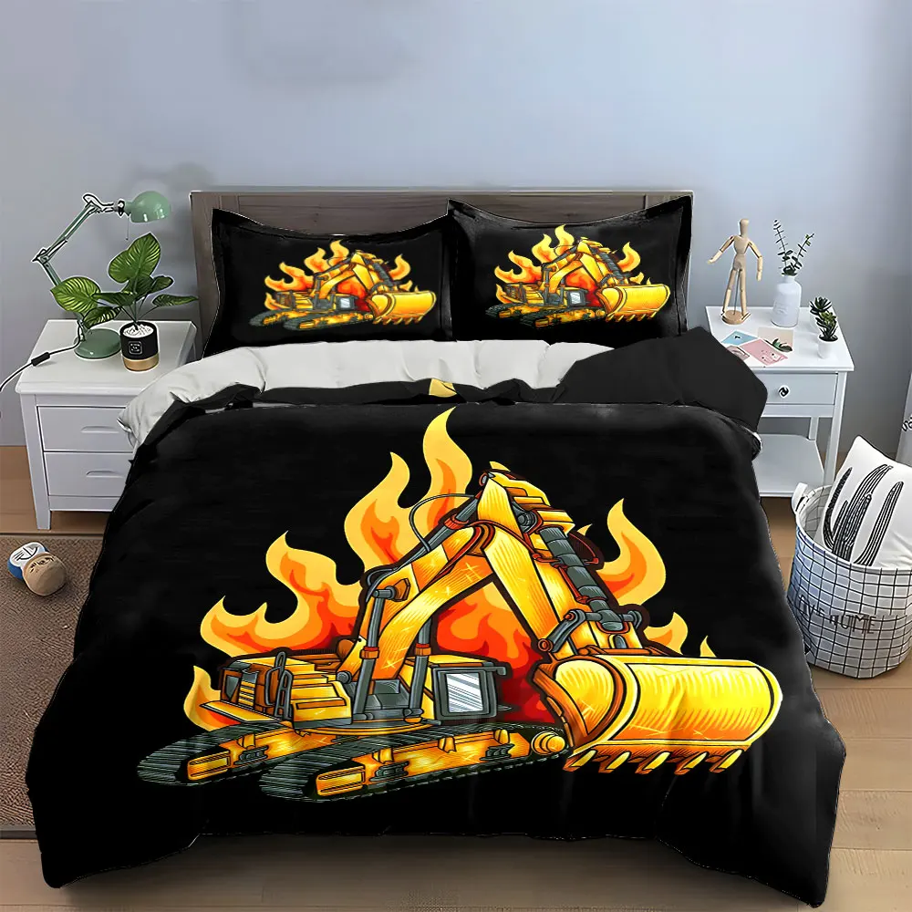 Excavator Set for Creative Decor Bedding Set with 1 Duvet Cover 2 Pillowcases Single Double King Queen, Gift