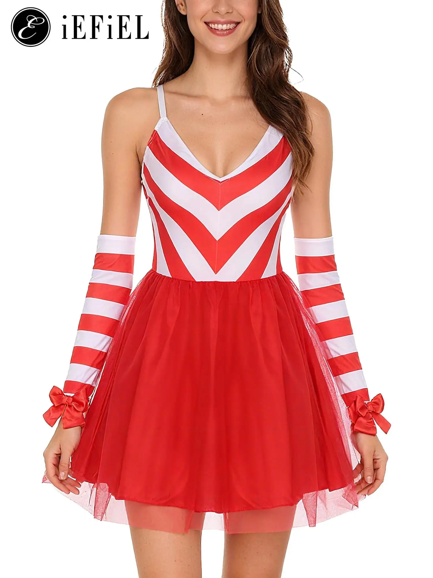 

Adult Miss Santa Christmas Dance Costume Spaghetti Straps Candy Striped Ballet Tutu Dress with Gloves Xmas Ice Skating Dancewear