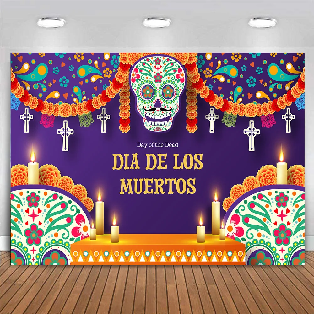 

Day Of The Dead Dia De Los Muertos Mexico Theme Birtdahy Party Banner Backdrop Purple Mexican Fiesta Background Skull Floral