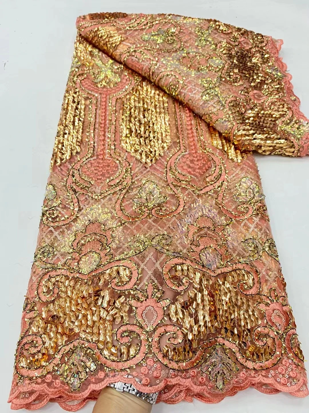 

Pink French Sequins Lace Fabric 2023 High Quality Nigerian Lace Fabric African Lace Fabric For Wedding Party Dress Sew LDP23233