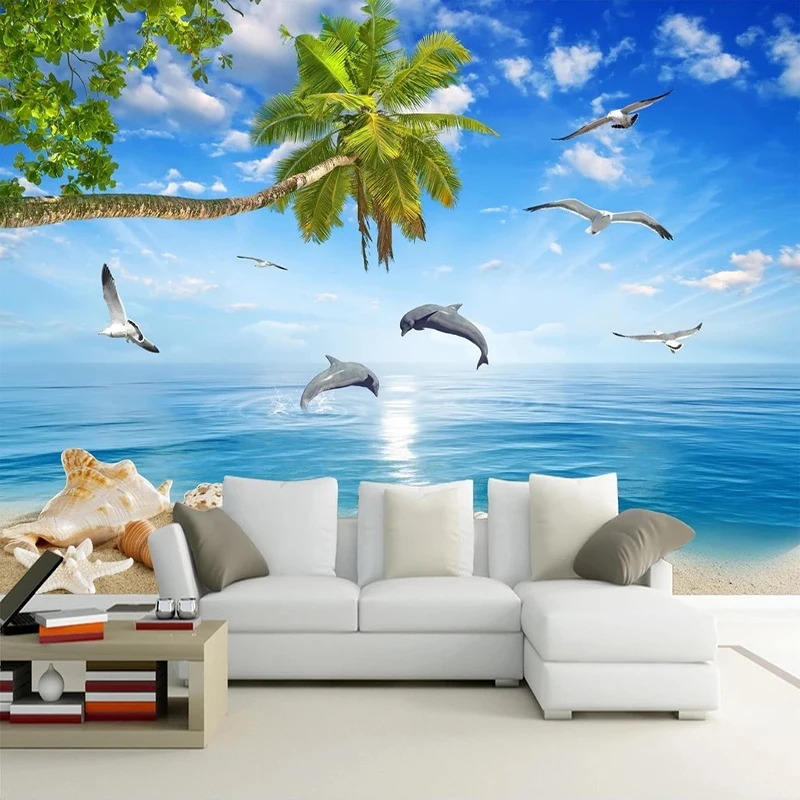 Custom Mediterranean Mural Summer Seascape Dolphin Coconut Tree Landscape Poster Living Room TV Background Photo Wall Paper 3D