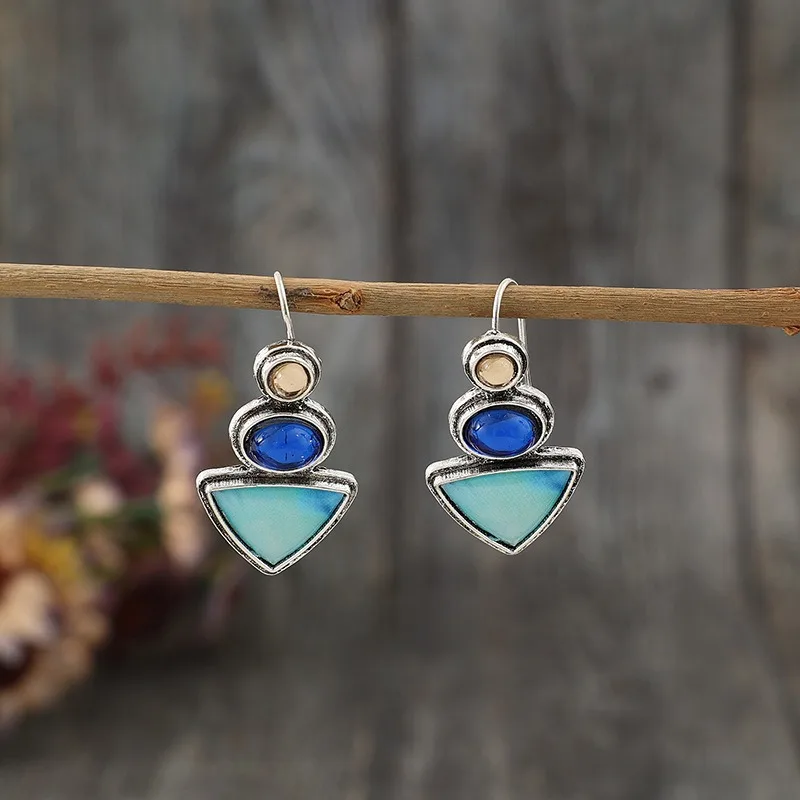 Ethnic Silver Color Geometric Triangles and Circles Champagne Blue Stone Earring Vintage Paste Pattern Dangle Earrings for Women