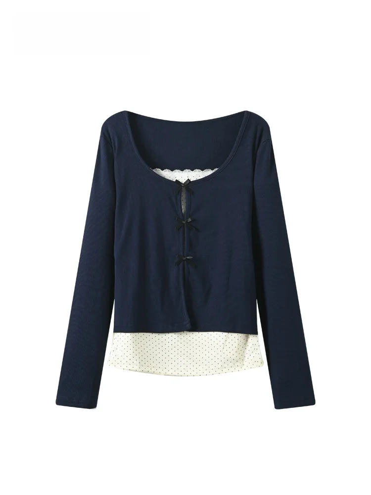 

CaraCLUB plus Size Long Sve Square Collar Base irt Women Spring Slimming Patchwork Fake Two-Piece Top Sweet Sle Cotton...