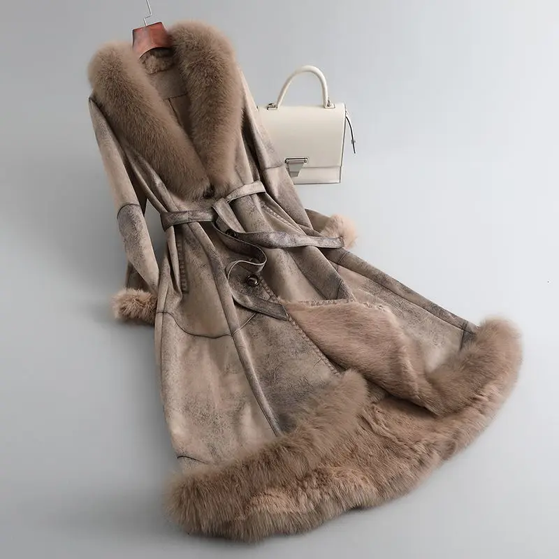 

2025 зимнее новое интегрированное женское пальто из кроличьего меха, длинное пальто из натуральной кожи с воротником из лисьего меха, облегающее пальто