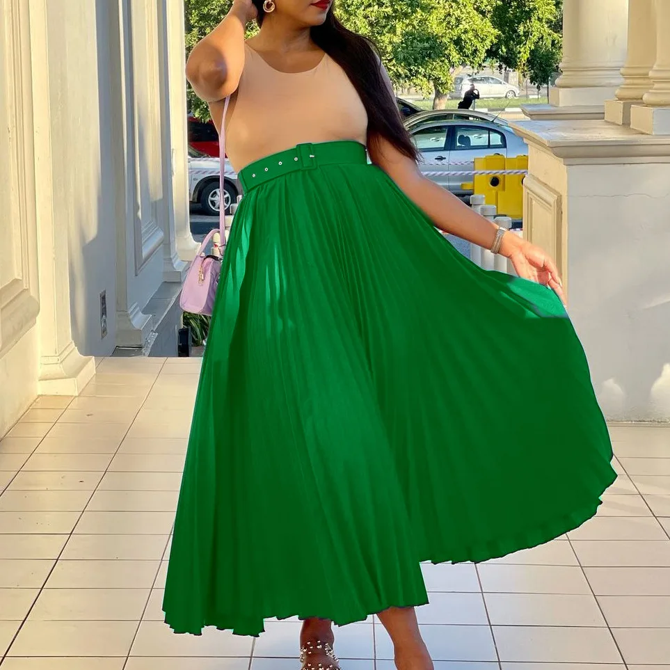 Plus Size Pleated Skirt with Belt L-3XL Autumn Office Lady Elegant Long Skirts Solid Ruched Matching Outfits Female Bottoms 2023