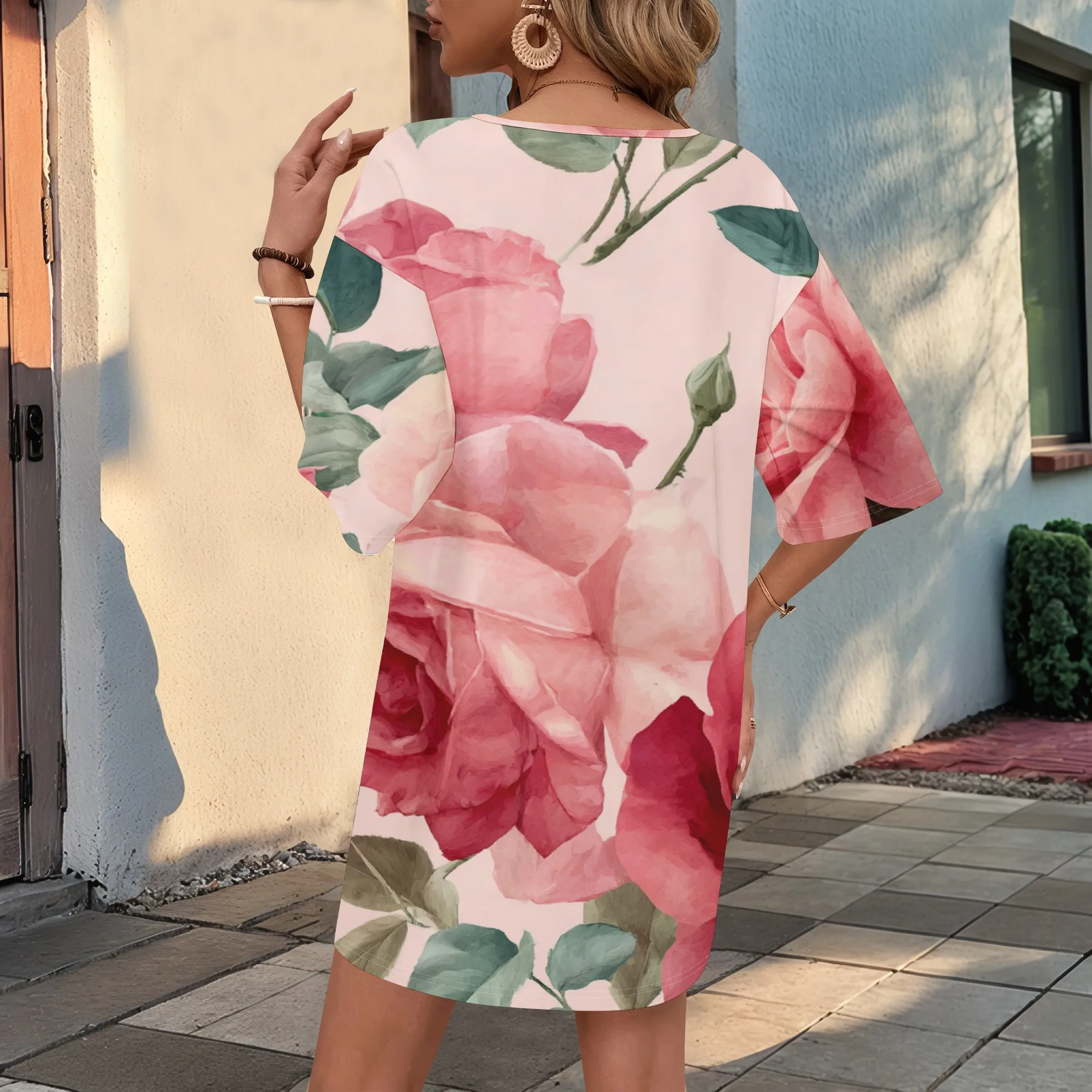 

Women's Oversized Floral T-shirt Dress | Boho Rose Print Mini Dress with Batwing Sleeve XS-3XL