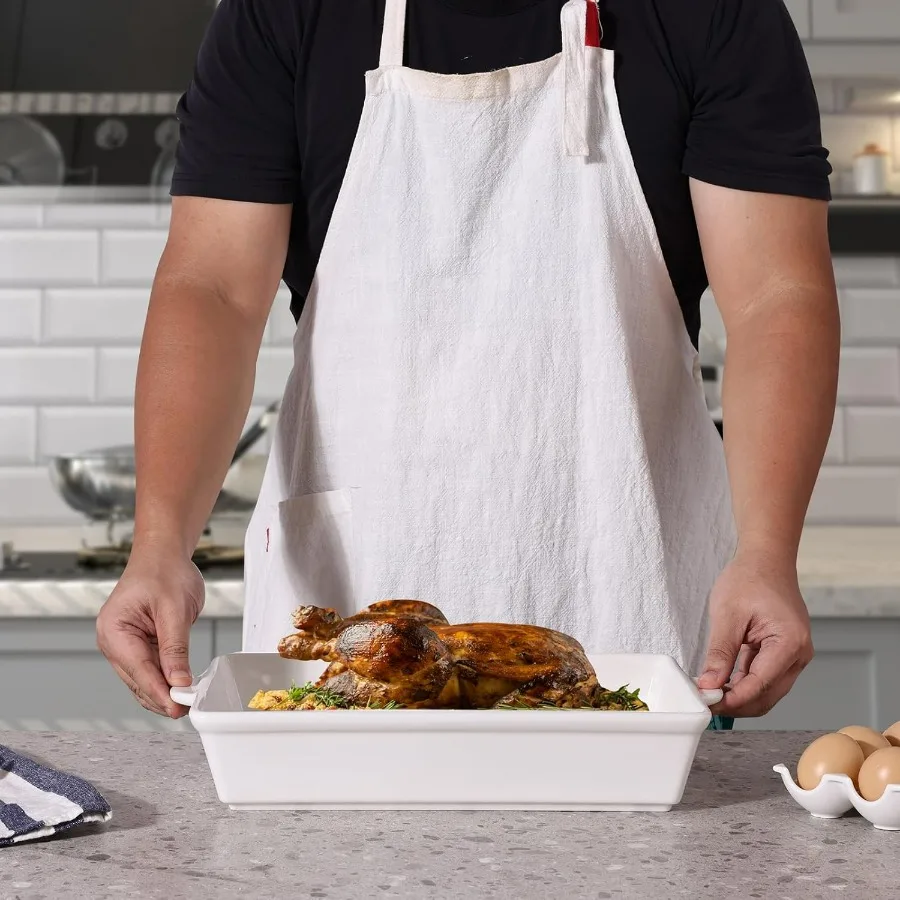 Plat de cuisson en céramique avec poignées, poêle à lasagne, ustensiles de cuisson de service profonds et grands pour la cuisson. Coffre-fort pour congélateur (blanc)