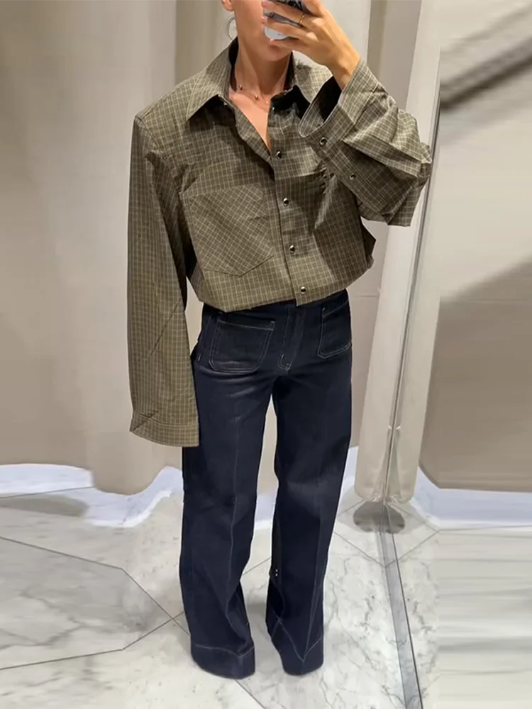 

Женская рубашка в клетку зеленого цвета с длинным рукавом, карманами, отложным воротником, на одной пуговице, модная, шикарная, весна-осень