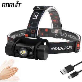 BORUiT IR Sensor LED Scheinwerfer 18650 Batterie USB Aufladbare Scheinwerfer Wasserdichte Arbeit Taschenlampe Angeln Camping Kopf Taschenlampe