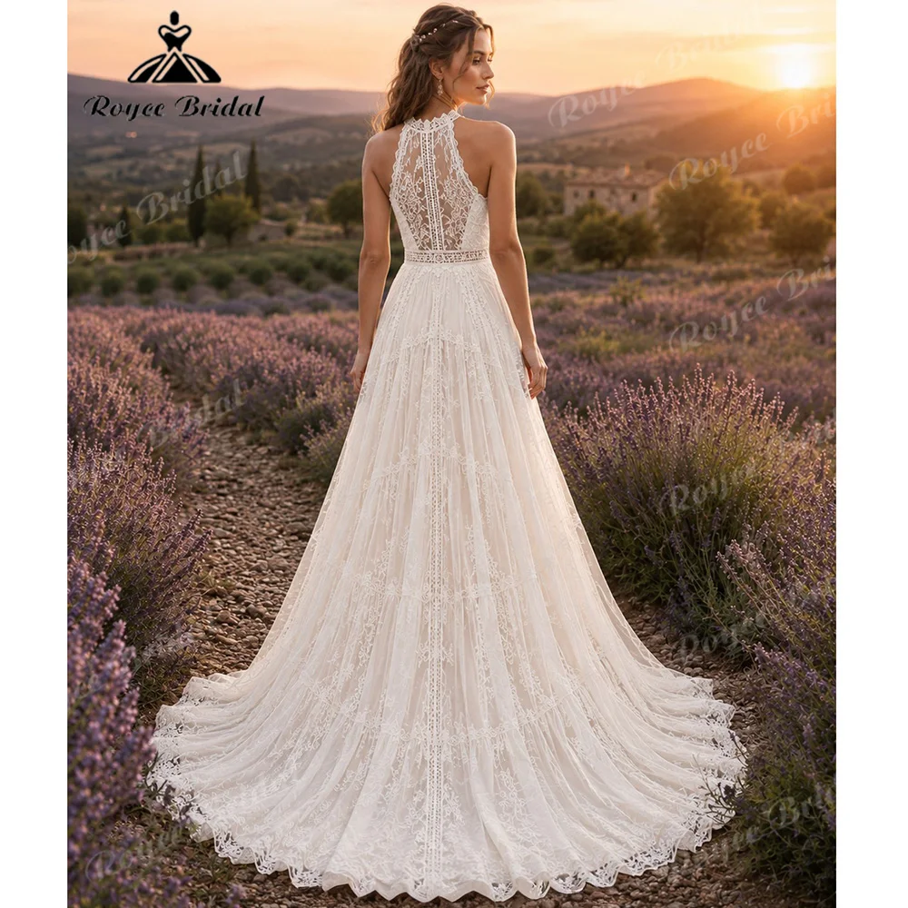 2027 Halter Neck Boho Wedding Dress A Line Crochet Lace Chiffon Tiered High Side Slit Sheer Lace Back Vestido De Novia Customize